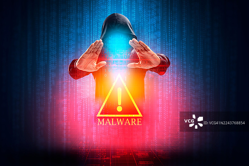 无脸黑客和恶意软件黑客在二进制代码背景下使用带有危险数字代码的笔记本电脑。图片素材