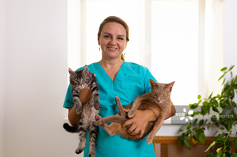 穿着绿松石色手术服的兽医在明亮的诊所里抱着两只猫，面带微笑看向镜头图片素材