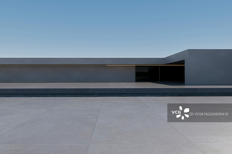 带有水景和开阔景观的混凝土建筑，空旷的混凝土建筑背景图片素材