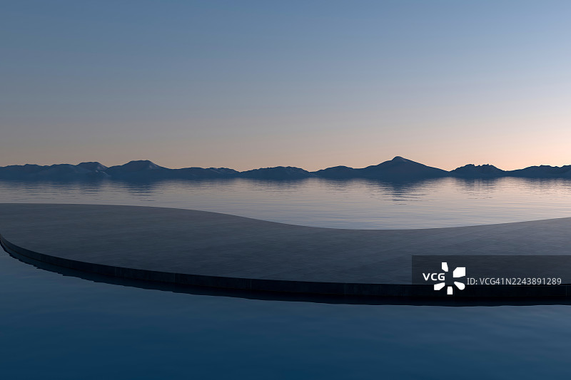 现代景观设计：水上弯曲混凝土小径与远山地平线图片素材