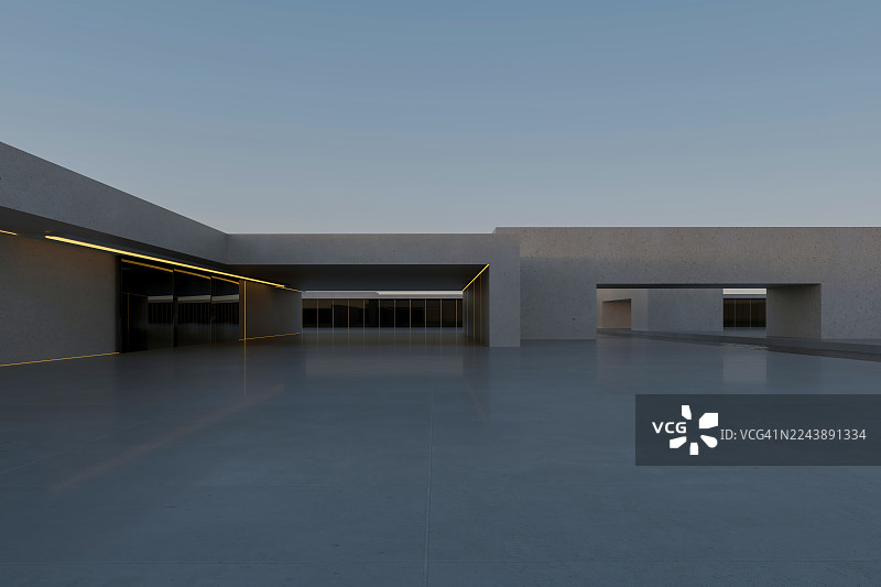 建筑极简主义：混凝土与玻璃结构，搭配开放景观和反光铺装图片素材