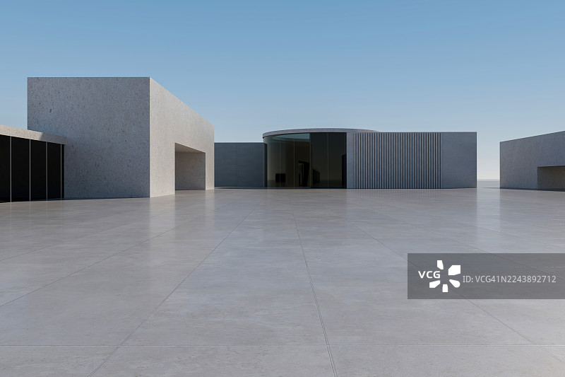 现代极简风格的混凝土建筑，带有水景，空旷的混凝土建筑背景图片素材