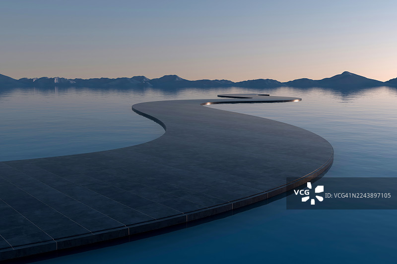 抽象水岸建筑：弯曲小径，远山与暮色天空图片素材