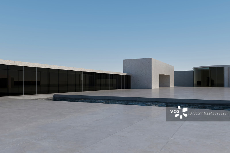 带有水景和晴朗天空的混凝土结构，空旷的混凝土建筑背景图片素材
