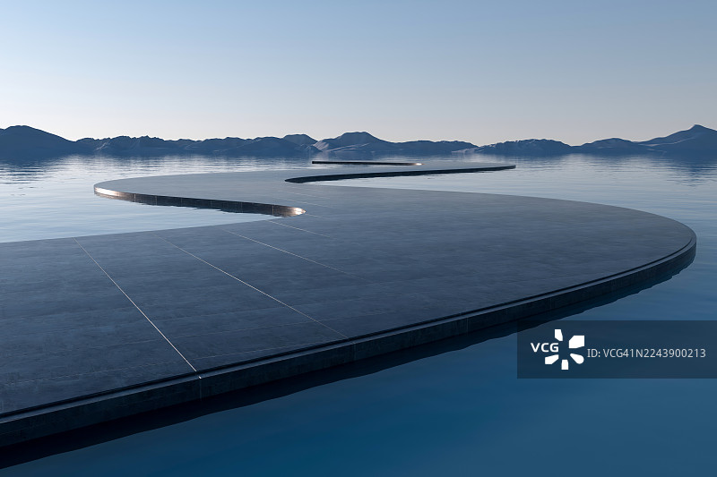 建筑极简主义：黄昏时分，水上弯曲小径与远山地平线图片素材