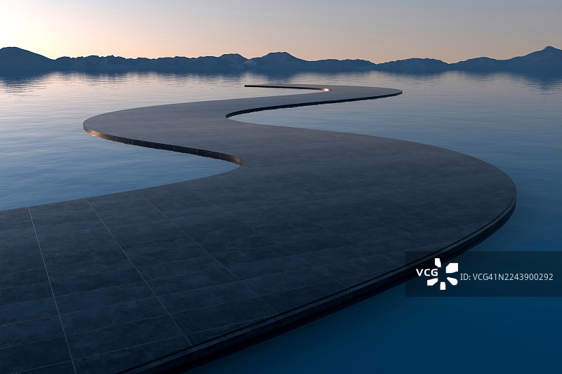 未来景观，带有弯曲小径、反光水面和山景图片素材