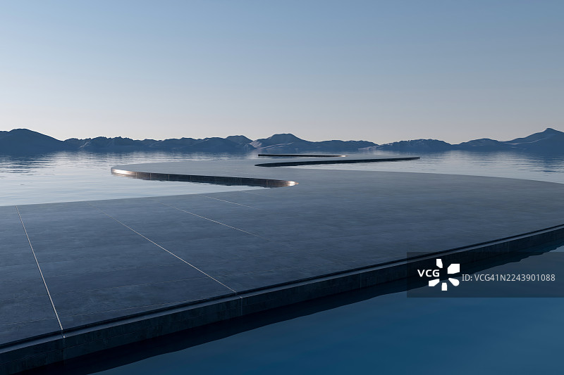 建筑极简：黄昏时分，水上弯曲小径与远山地平线图片素材