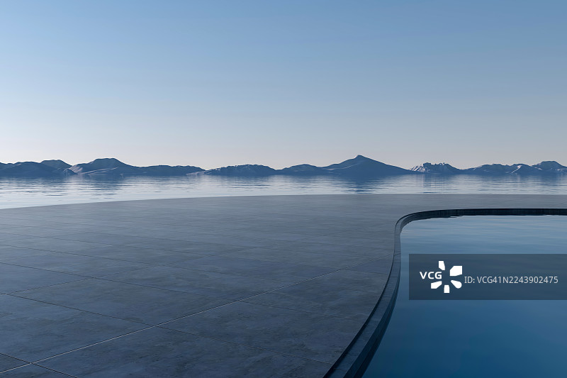 抽象现代景观：水面上的弯曲小径与远山背景图片素材