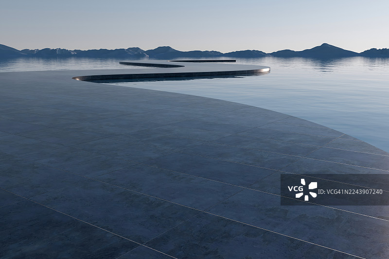 建筑设计：水上弯曲混凝土路径与远山地平线图片素材