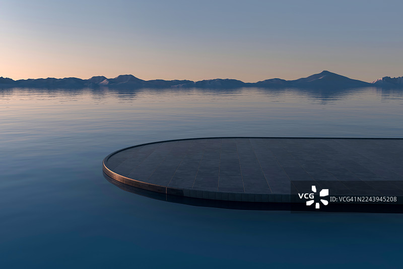 未来主义的弯曲小径，横跨平静的水面，背景是山景图片素材