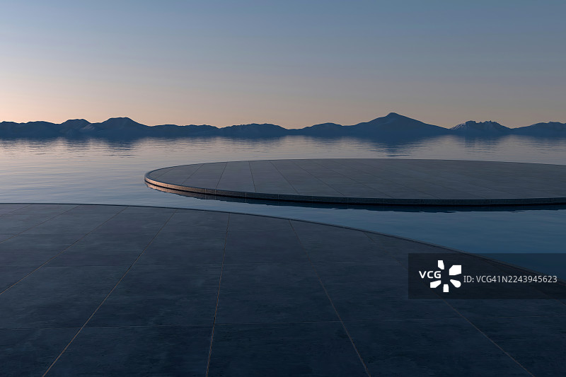抽象现代建筑：平静水面上的弧形小径，背景为群山图片素材