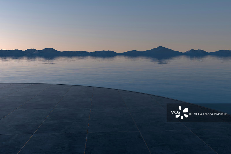 黄昏时分，带有弧形设计的未来感滨水步道与山景图片素材