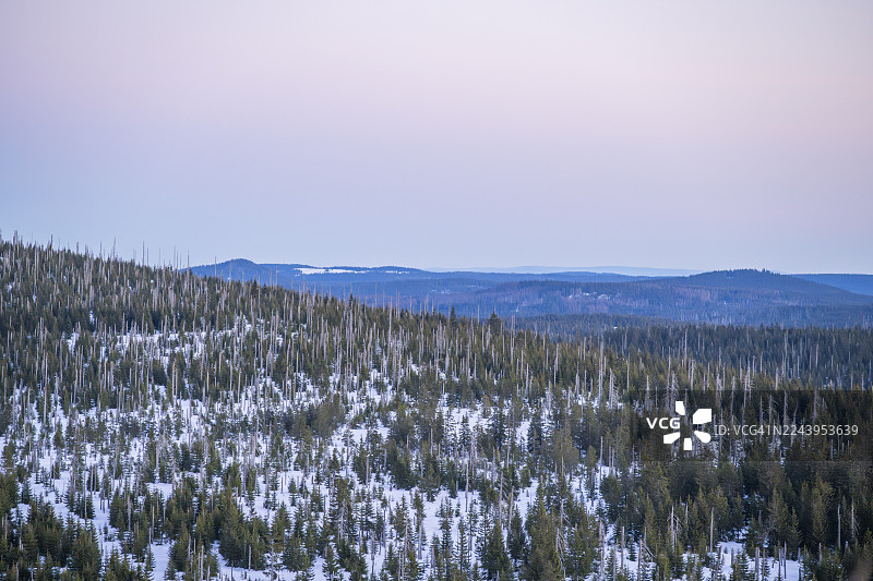 冬季日出时,从卢森山(Mount Lusen)俯瞰巴伐利亚森林的山丘,巴伐利亚,德国图片素材