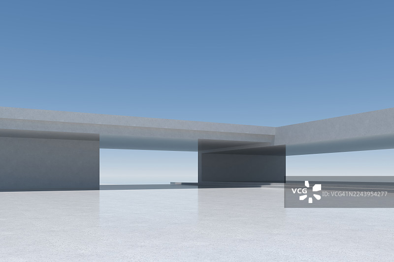 带有水元素的混凝土结构和极简布局，空旷的混凝土建筑背景图片素材