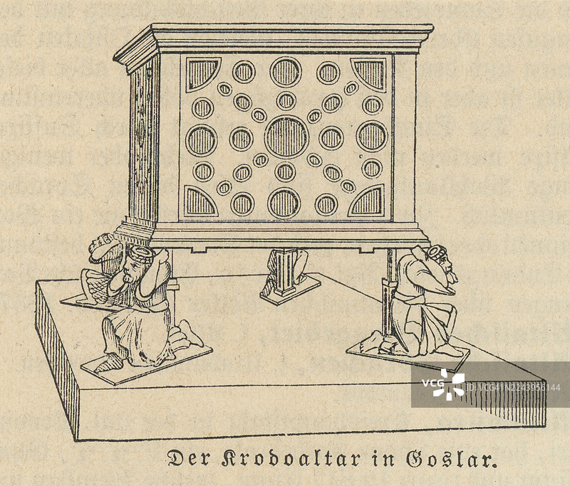 德国戈斯拉尔的克罗多祭坛的旧雕刻插图，该祭坛完全由青铜制成，是罗马式时期唯一幸存的金属教堂祭坛。图片素材