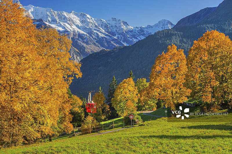 瑞士伯尔尼州因特拉肯-上哈斯利区劳特布龙嫩山谷伊森弗吕村的秋季风光,远眺索尔瓦尔德村的缆车图片素材