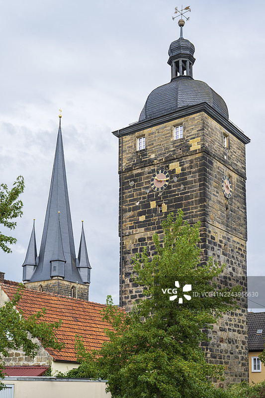 上部城门塔，克罗纳赫城门塔，圣母升天天主堂，德国编织之城，利希滕费尔斯，上弗兰肯，弗兰肯，巴伐利亚，德国图片素材