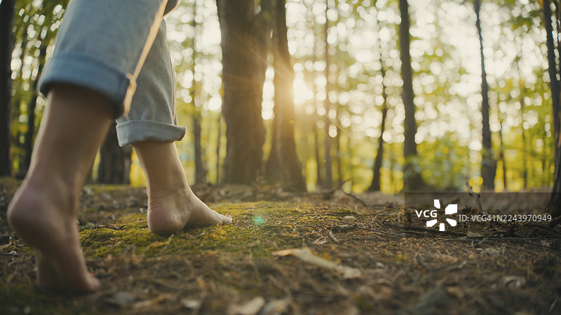 白种女人赤脚走在阳光明媚的森林中，享受着惬意的时光图片素材