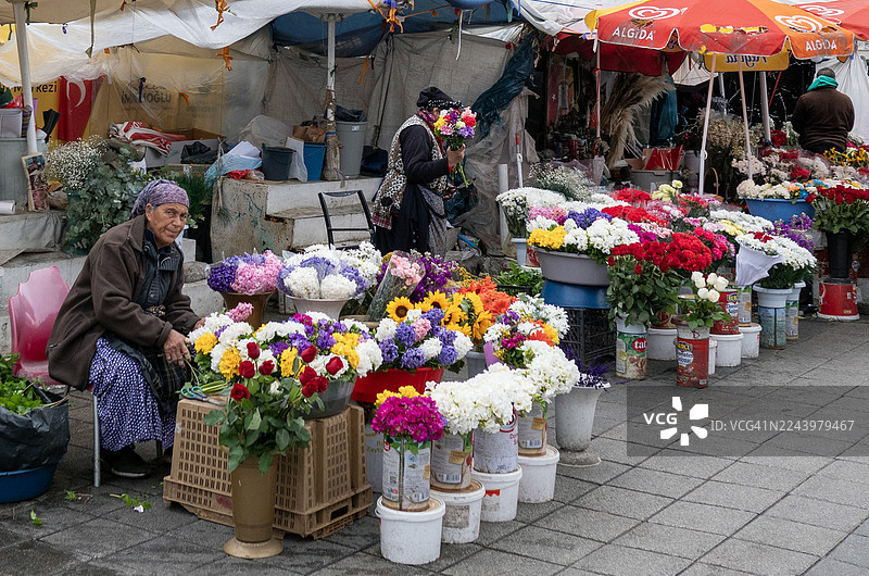 卡迪柯伊花商照料她的花摊图片素材