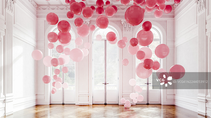 空旷的古典室内装饰，周围漂浮着气球图片素材