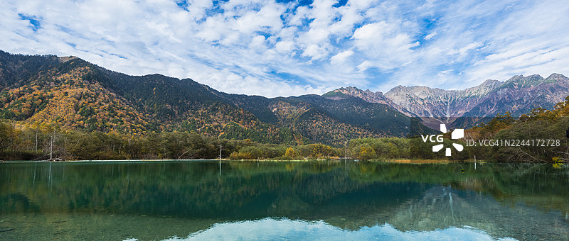 日本长野县松本市上高地国家公园大正池与穗高岳全景图片素材