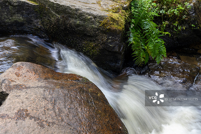 从高处俯瞰，瀑布飞流直下，穿过郁郁葱葱森林里覆盖着苔藓的岩石。图片素材
