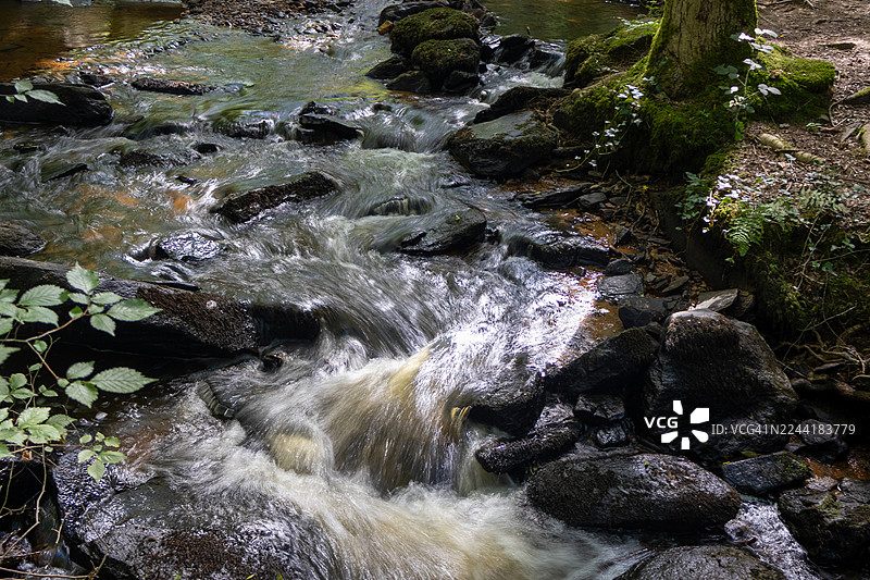 从高处俯瞰瀑布飞流直下，穿过岩石，流淌在郁郁葱葱的绿色森林中，展现了大自然和流水之美图片素材