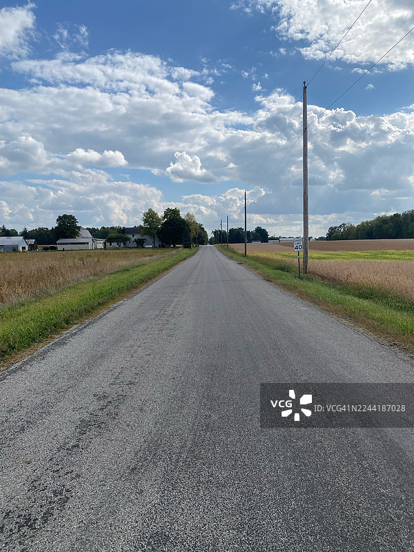 蓝天白云下，空旷的乡村公路延伸在田野之中，美国，韦恩堡图片素材