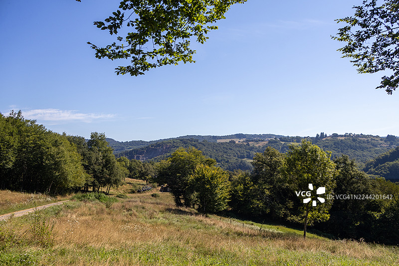 法国康塔尔地区，阳光明媚的田野上，郁郁葱葱的绿树和一条泥土小路蜿蜒穿过起伏的山丘，天空湛蓝。图片素材