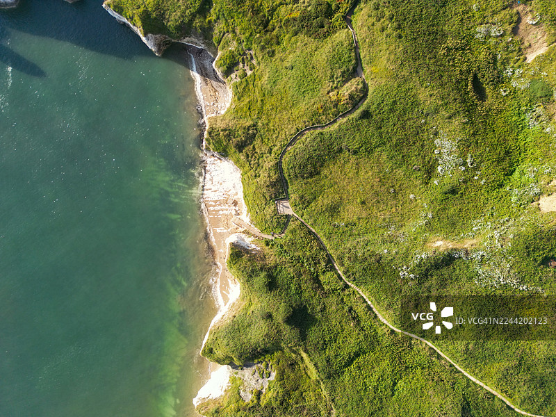 生机勃勃的绿色海岸景观的航拍图，海边有一条蜿蜒的小路图片素材