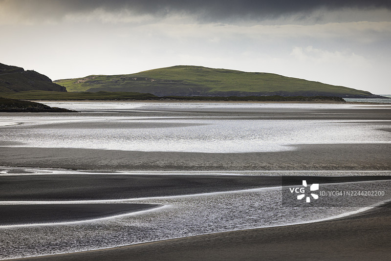 苏格兰刘易斯与哈里斯岛海滩抽象全景图，在晴朗的阳光下，低潮时分的景象。图片素材