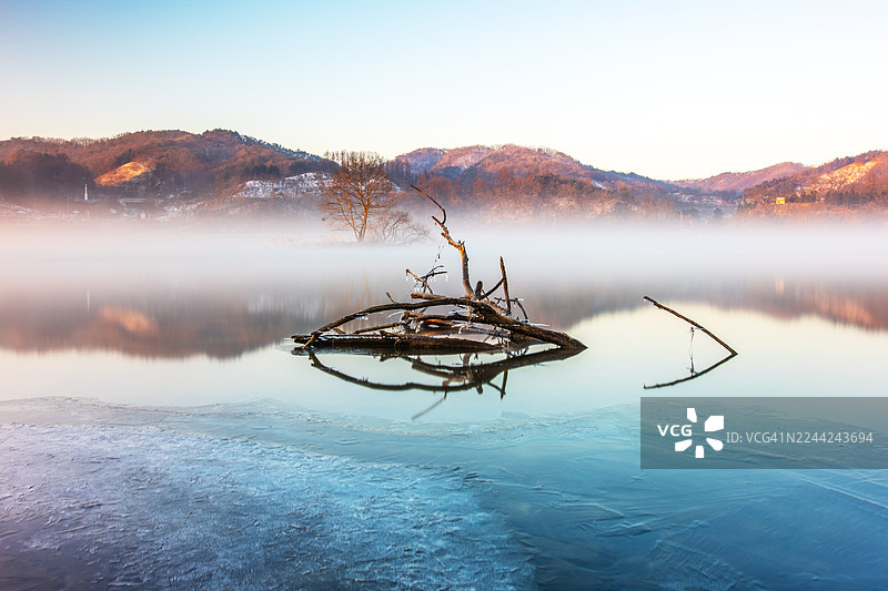 忠清북도槐山郡七星面江汉里（Ganghan-gajung）的树木长曝光照片图片素材