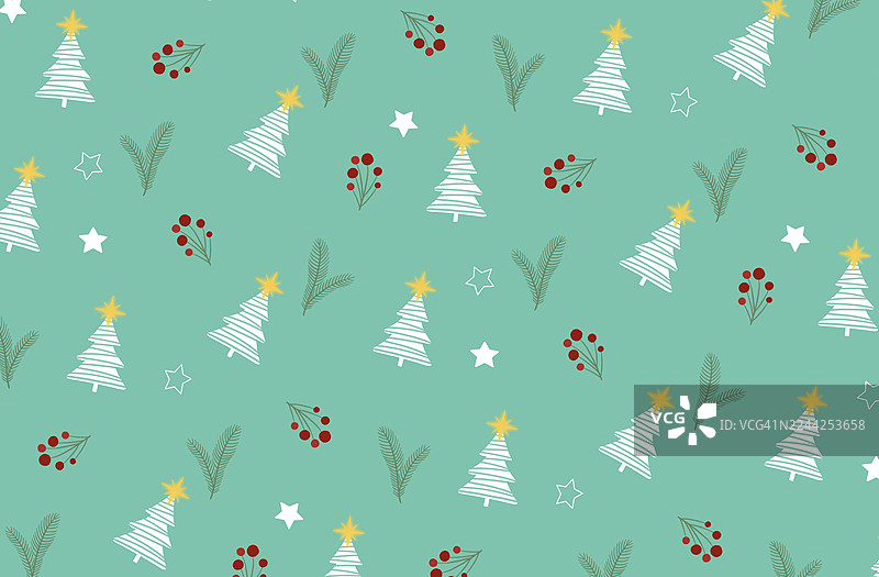 薄荷绿底色上饰有白色圣诞树和红色浆果的无缝图案图片素材