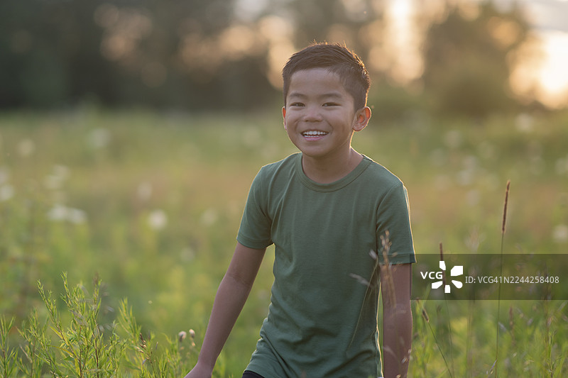 金色时光里，快乐的亚洲男孩在绿野中，自然光下的微笑肖像图片素材