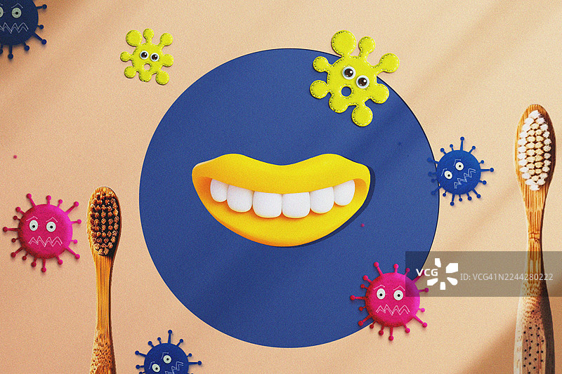 卡通化的病毒和细菌环绕着嘴巴，旁边还有一把牙刷图片素材