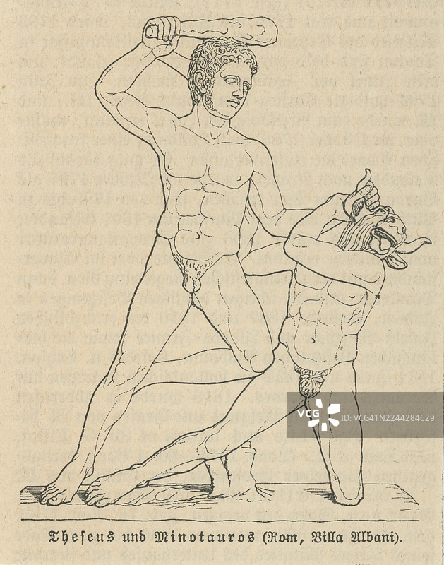 忒修斯与米诺陶洛斯的神话场景的古老雕版插画。英雄般的战斗以线性的复古风格呈现——古典场景。图片素材