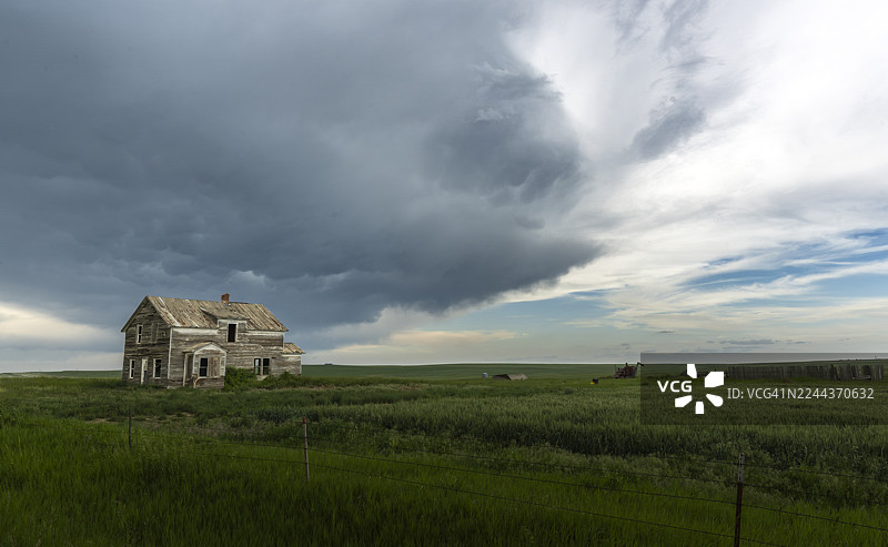 超级单体风暴笼罩下的北美大平原上废弃的建筑图片素材