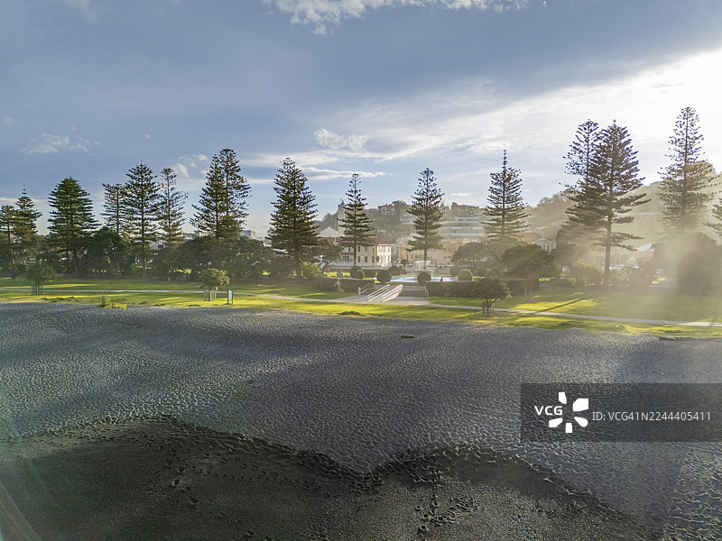 新西兰海滨小镇，阳光、薄雾与树木图片素材