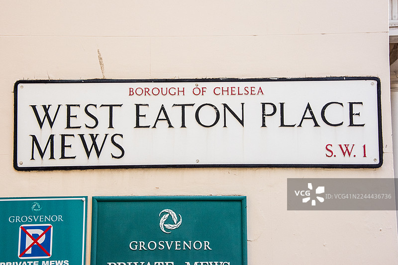 伦敦，威斯敏斯特市，贝尔格莱维亚，西伊顿广场弄堂 SW1 街道标牌图片素材