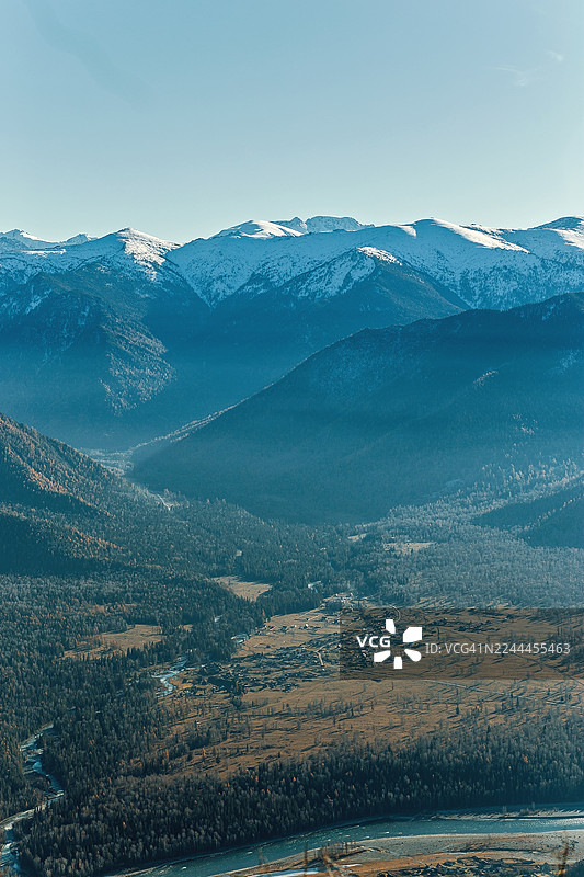 雪山峰背景下的山谷河流。风景如画的山谷，蜿蜒的河流，林木葱郁的山丘，以及晴朗蓝天下远处白雪皑皑的山峰。图片素材
