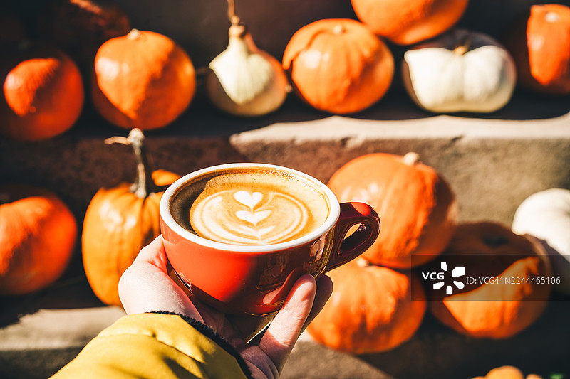 阳光明媚的秋日，卡布奇诺咖啡上有着拉花艺术，背景中有南瓜。图片素材