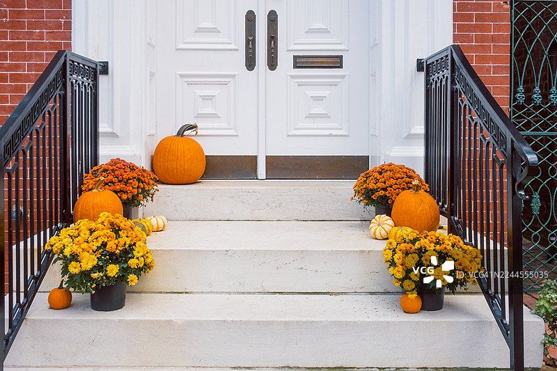 南瓜和盆栽菊花装饰着房子的前入口图片素材