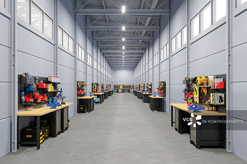 宽敞仓库内，现代工业车间拥有整洁的工作台和工具图片素材