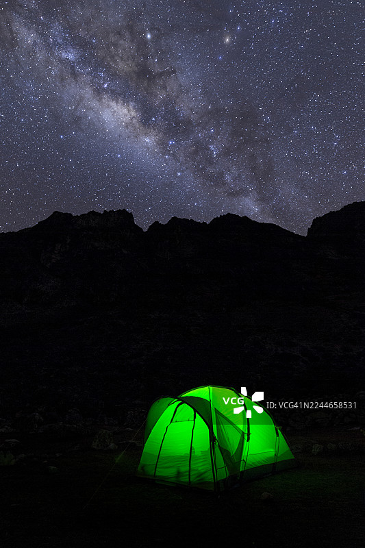 安第斯山脉上空的银河帐篷图片素材