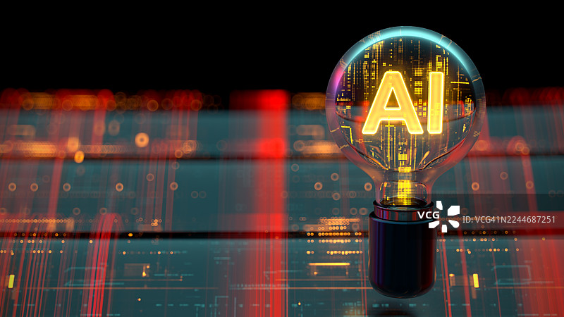 灯泡内的人工智能特写文字。代理人工智能技术。人工智能，机器学习概念。留白。图片素材