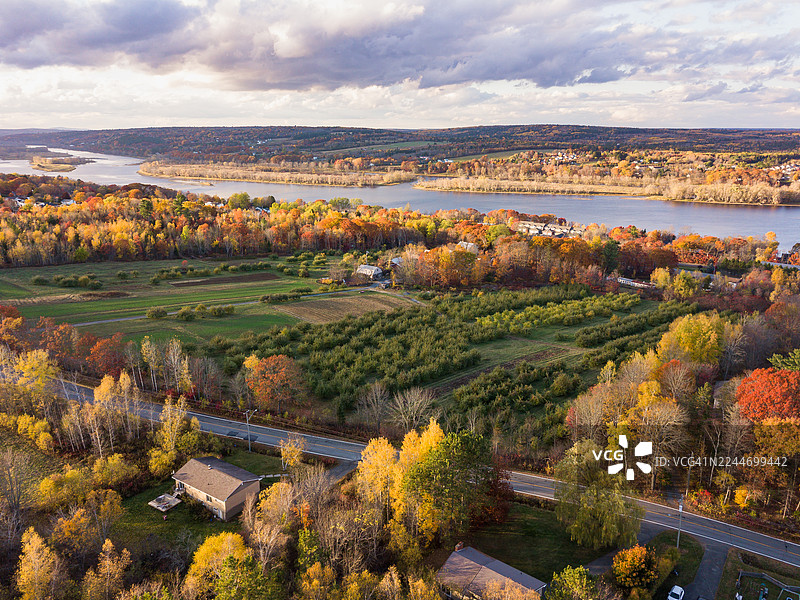 加拿大新不伦瑞克省弗雷德里克顿市圣约翰河谷苹果园秋日落美景图片素材