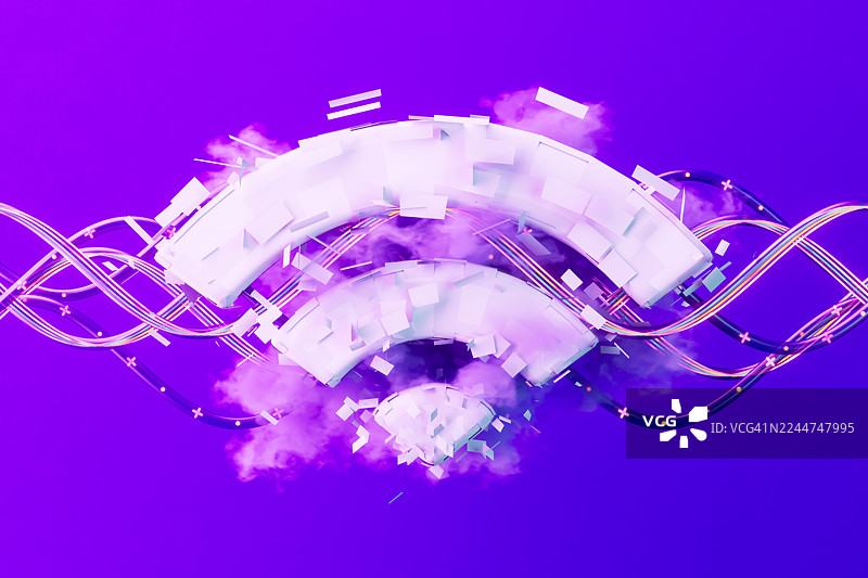 霓虹灯紫背景下的无线网络图标与云图片素材