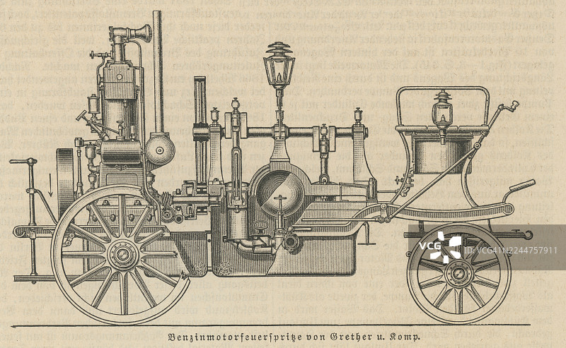 老式蚀刻插画，描绘了汽油发动机消防车。侧视图展示了发动机、水泵、飞轮和车身——早期机动消防设备。图片素材