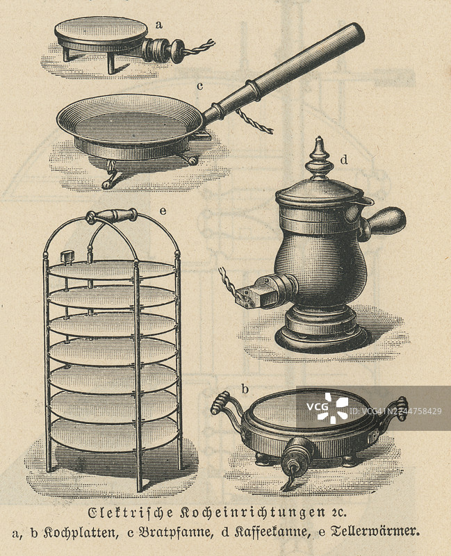 老式电动烹饪电器的旧蚀刻插图图片素材