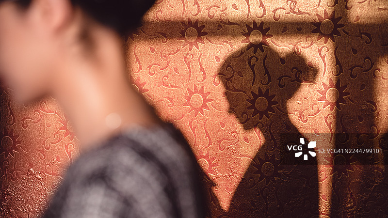 午后强烈的阳光照射下，女子阅读书籍的深色轮廓阴影投射在室内带有图案的橙色墙壁上。图片素材